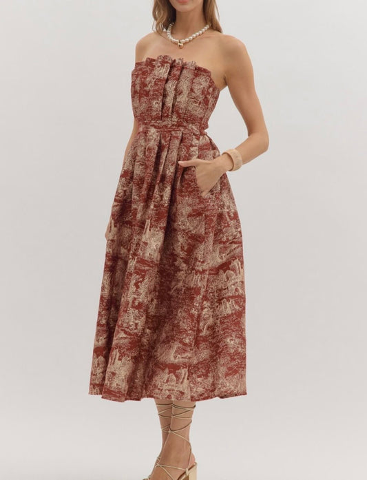 Vivian Burgundy Toile Jacquard Strapless Midi Dress