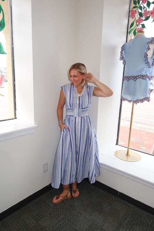 Striped Blue and White Midi Dress