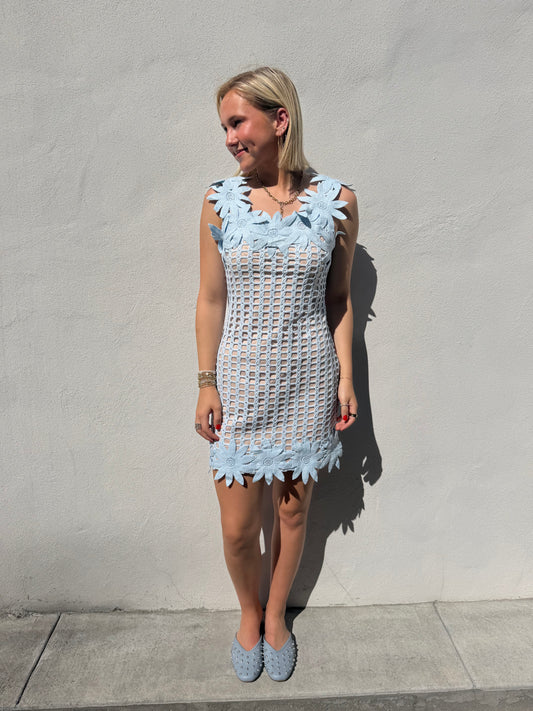 Knitted Flowers Mini Dress- Light Blue