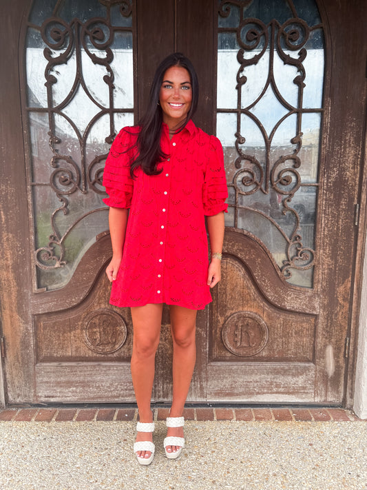 Red Eyelet Puffed Sleeve Dress