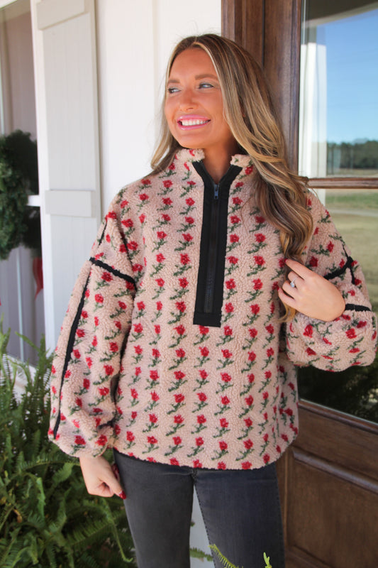 Rosie Floral Fleece Half Zip Pullover