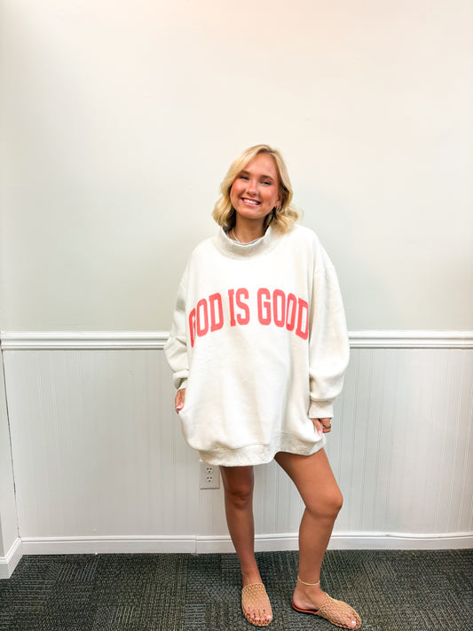 "JESUS" & "GOD IS GOOD" Reversible Mock Neck Sweatshirt -Coral