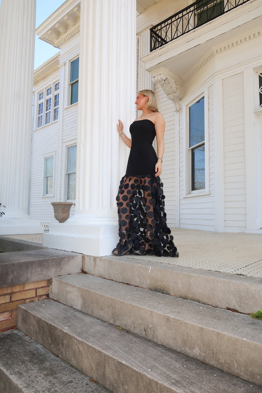 Ella's Elegant Black Polka Dot Maxi Dress