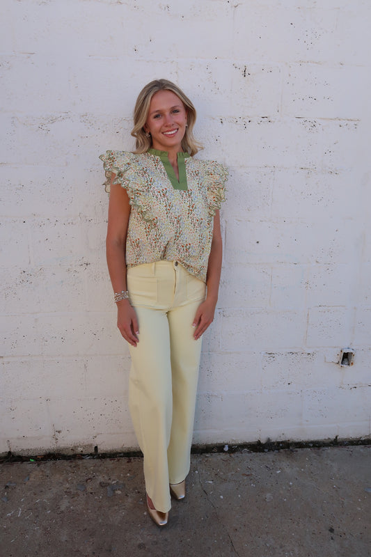 Green Mixed Flutter Sleeve Top