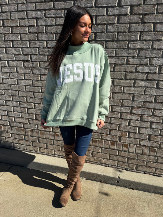 JESUS Embroidered Mock Neck Sweatshirt-SAGE