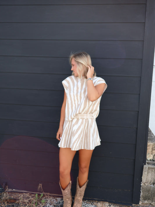 Tiger Mini Skirt Set- Ivory/Tan