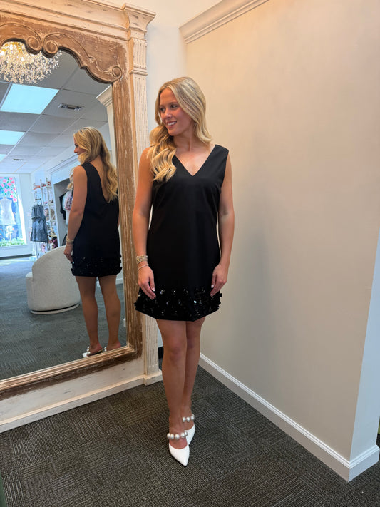 Beaded Flower Hem V Neck Mini Dress