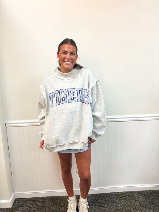 "TIGERS" Embroidered Mock Neck Sweatshirt