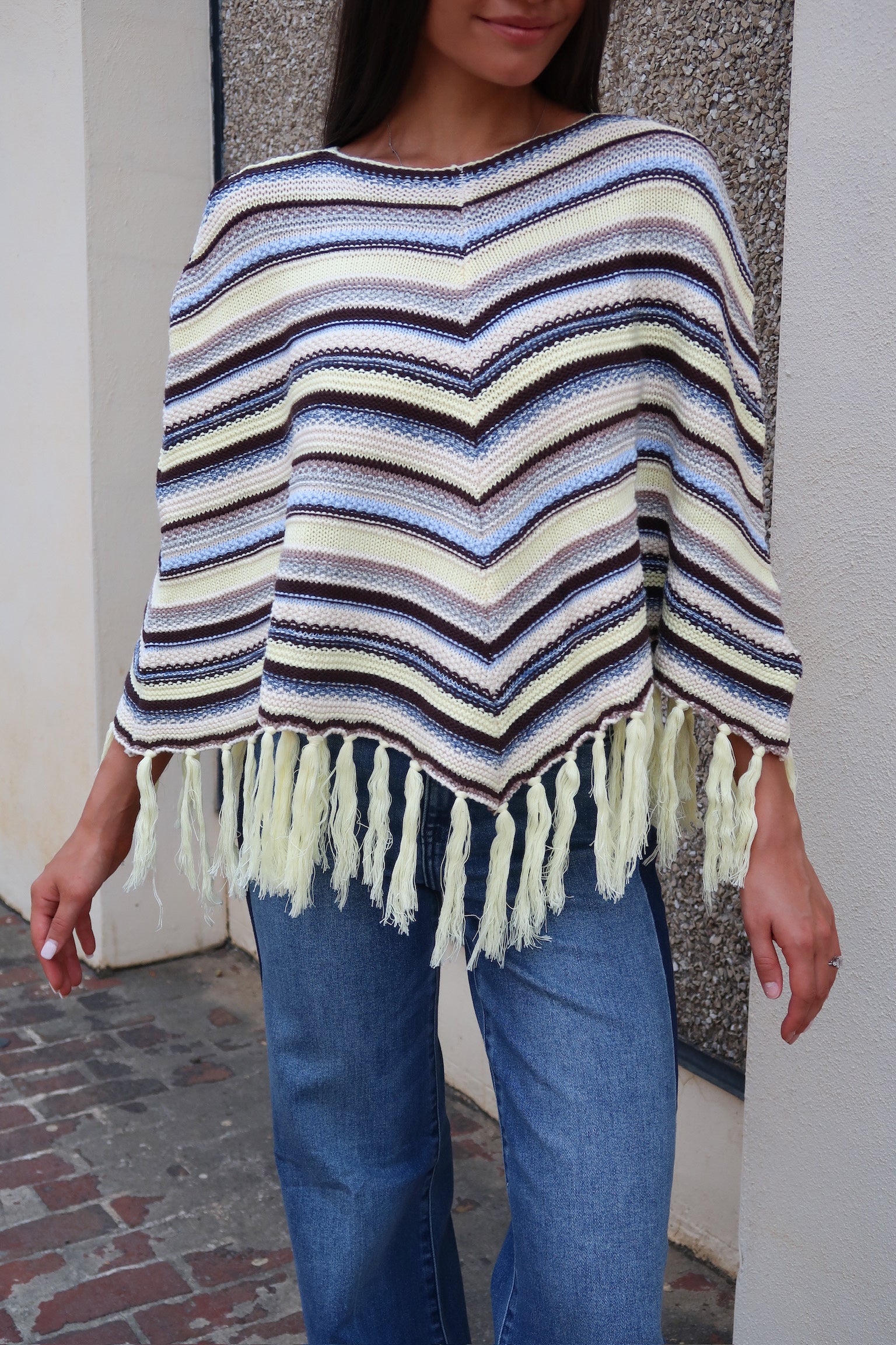 Chevron Striped Fringed Poncho