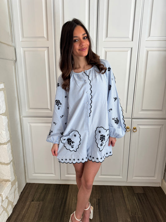 Seersucker Scallop Romper -Blue