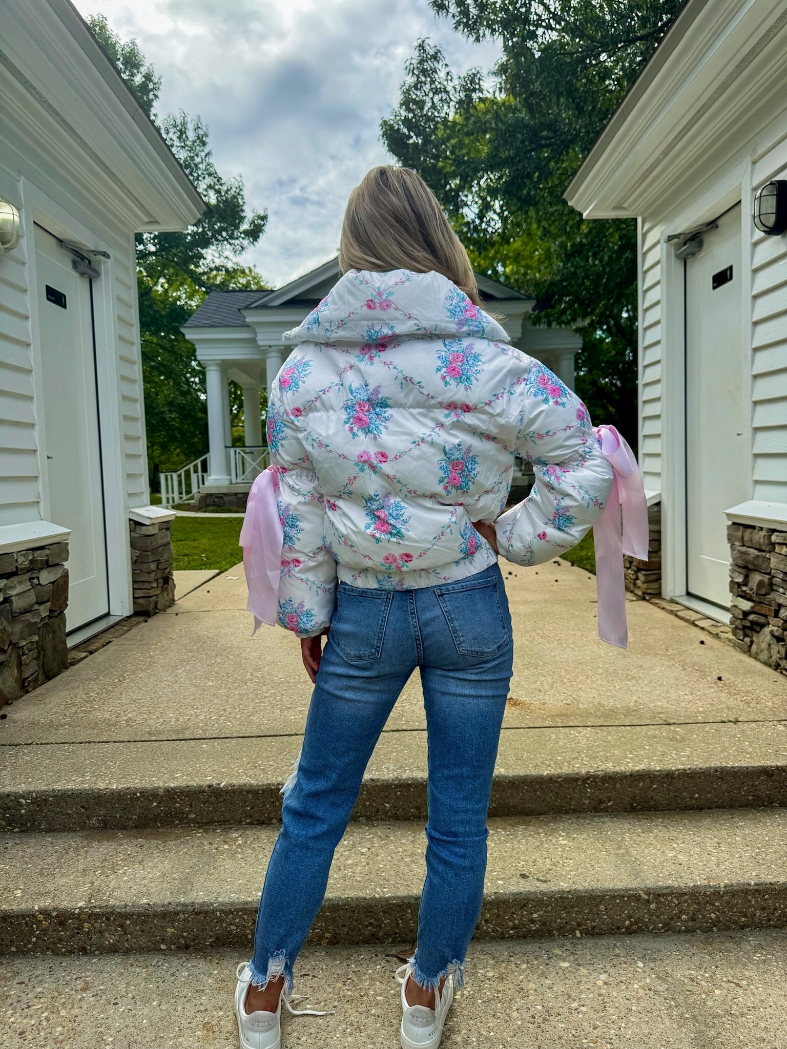 White Floral Puffer With Bow Ties