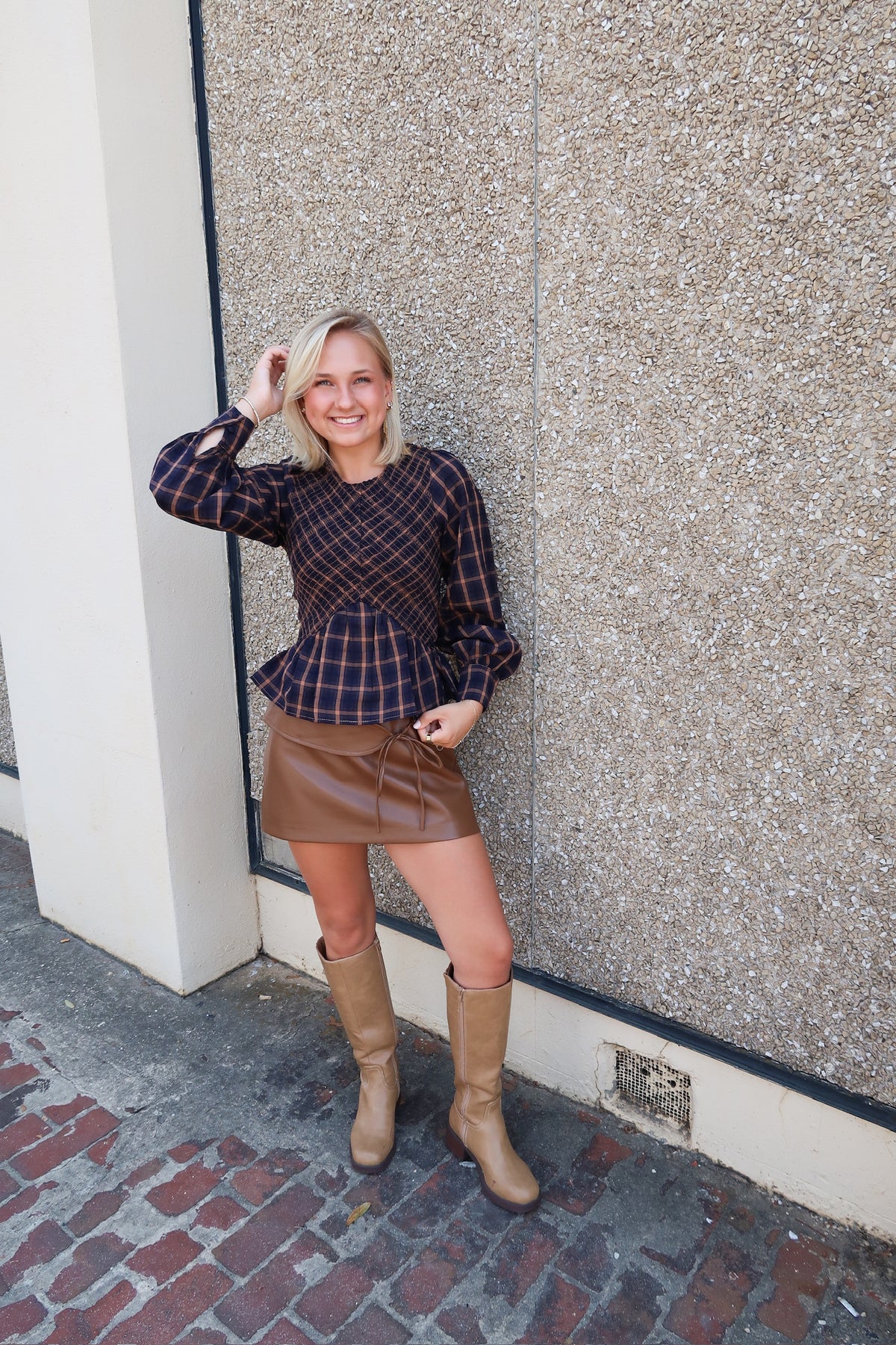 Brown & Blue Plaid Smocked  Peplum Top