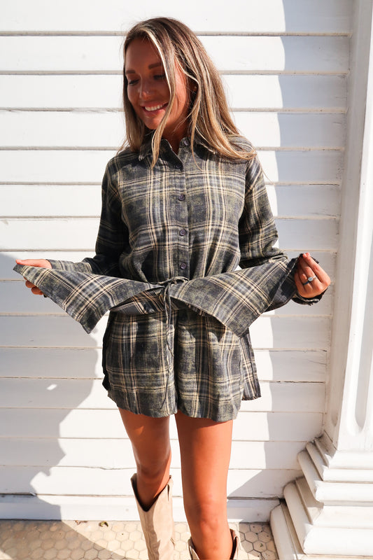 Flannel Shirt Romper -Midnight