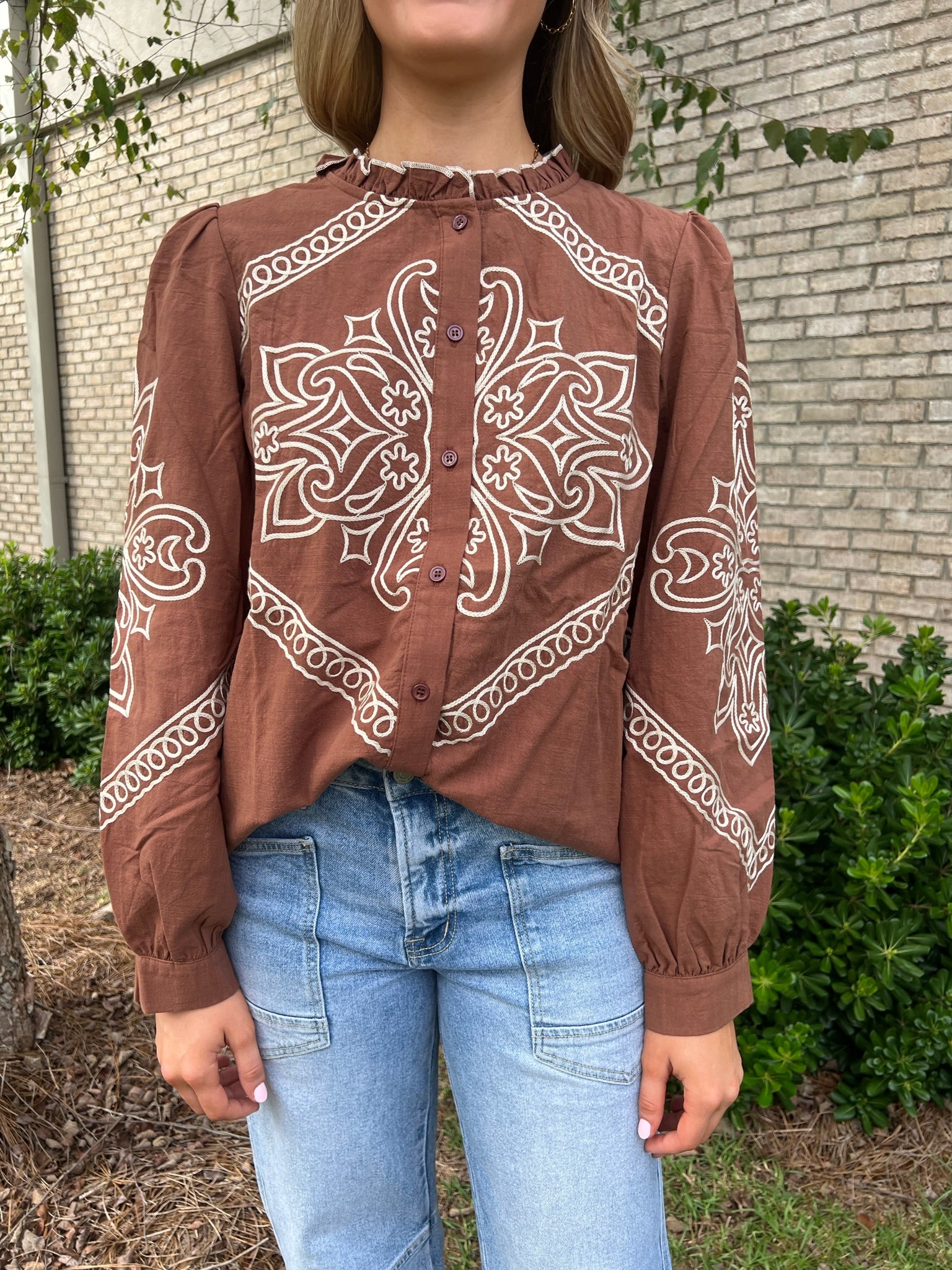 Embroidered Mock Neck Top-Mocha