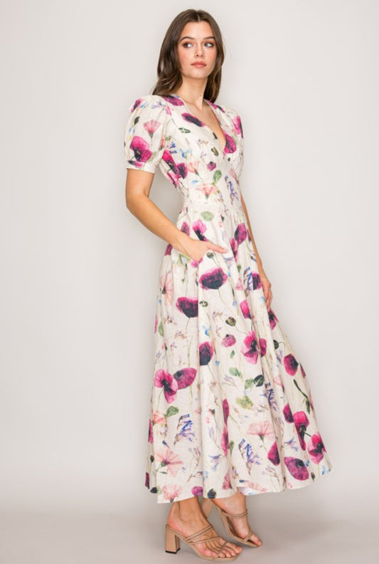 Watercolor Poppies Linen Maxi Dress