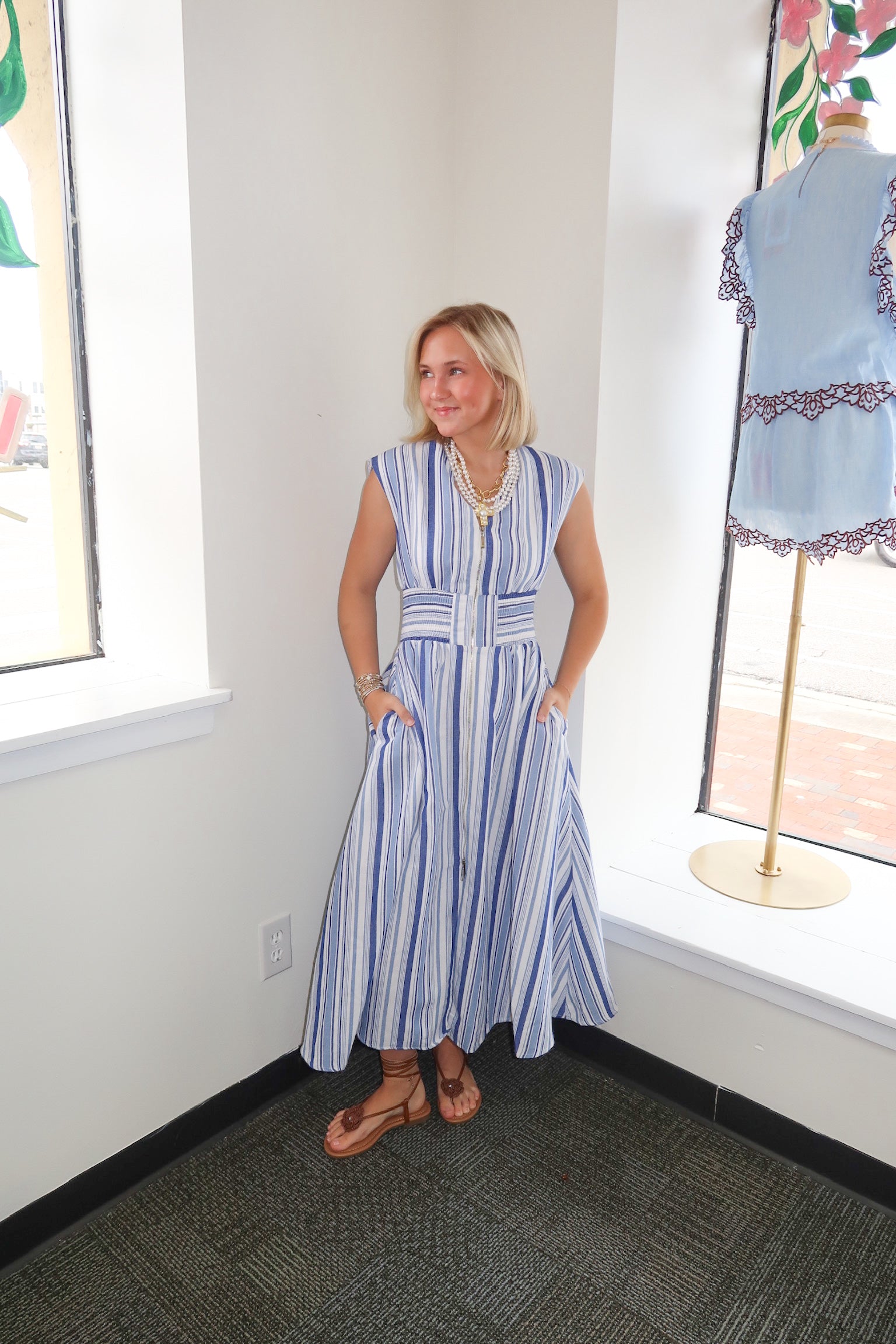 Striped Blue and White Midi Dress