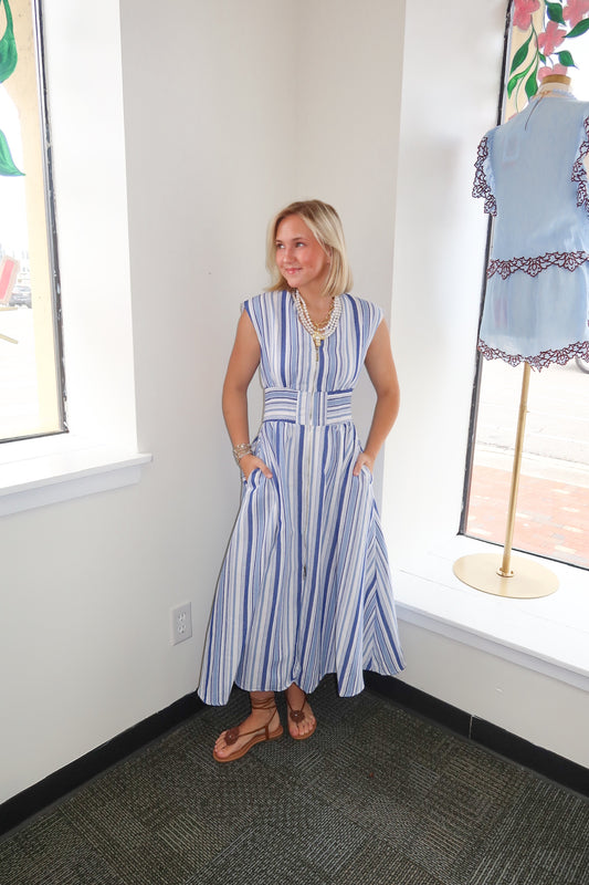 Striped Blue and White Midi Dress
