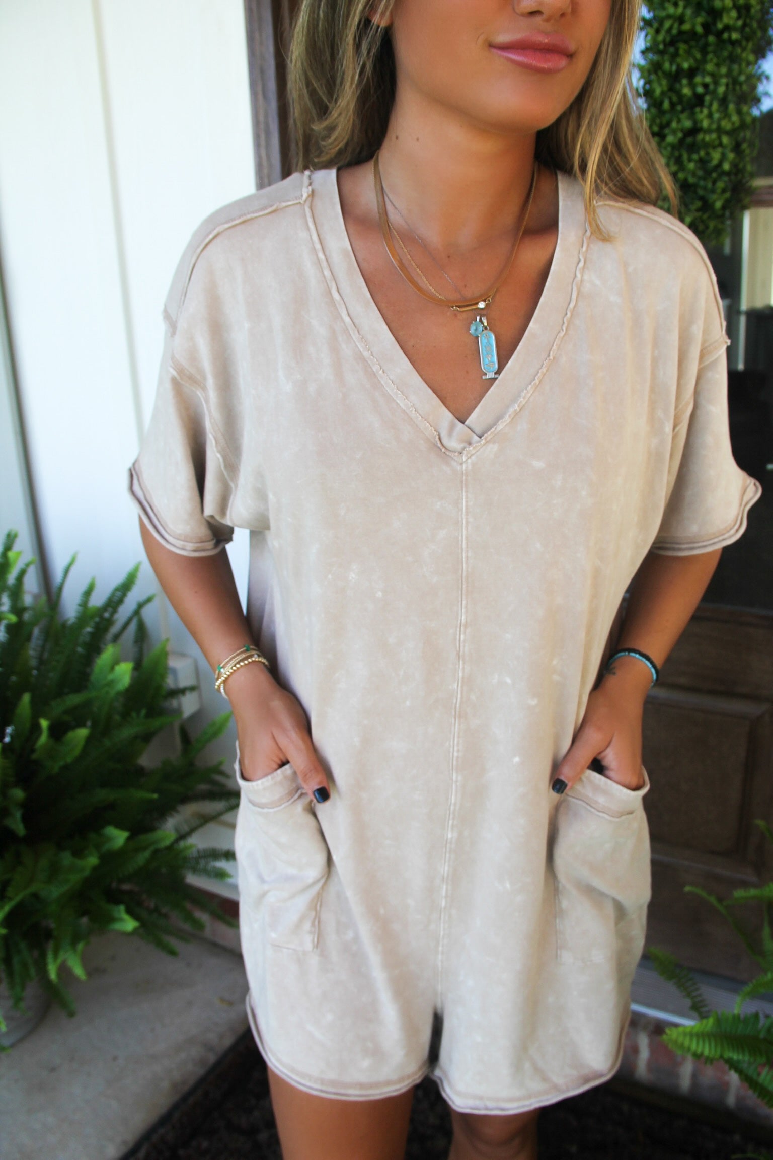 Pocket T- Shirt Romper -Taupe