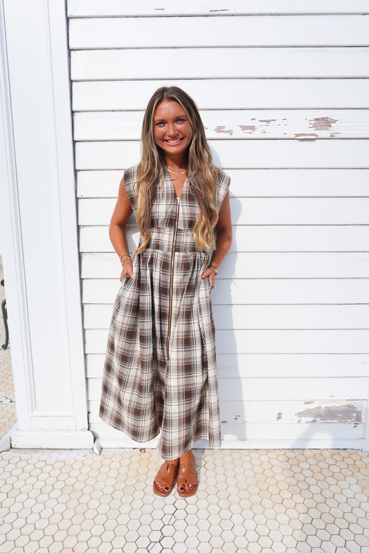 Mocha Tartan Plaid Midi Dress