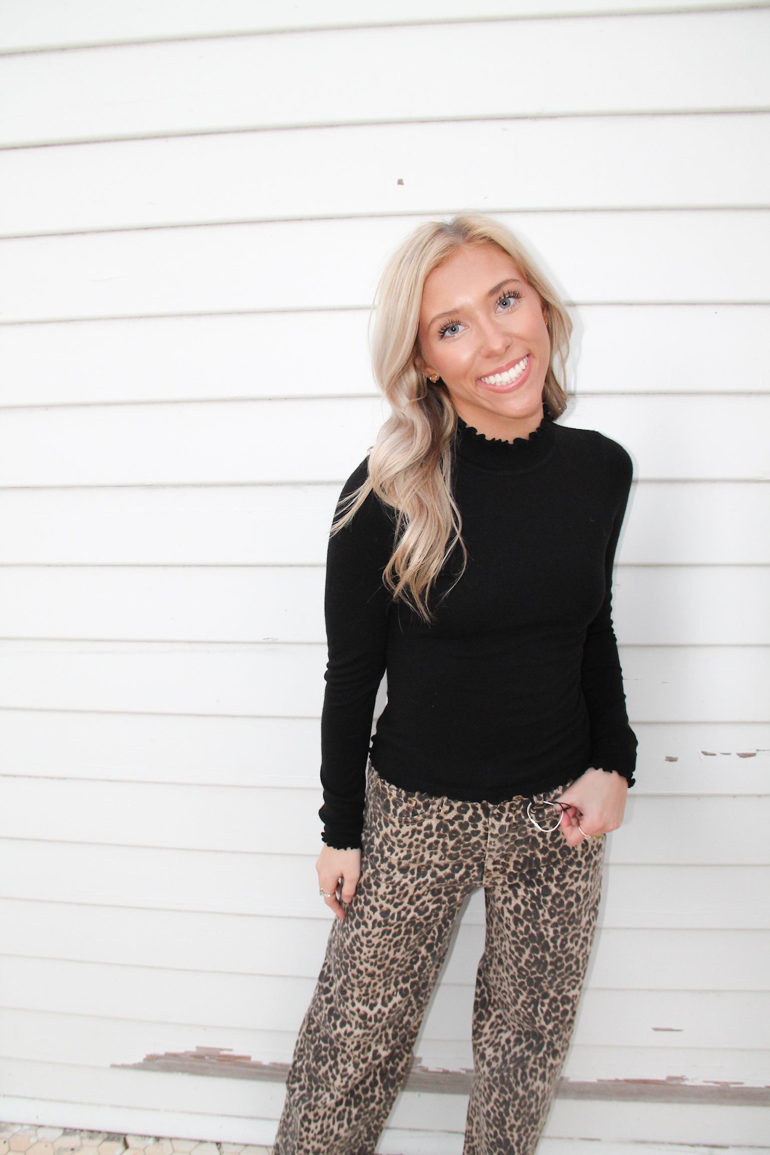 Lettuce Trim Mock Neck Sweater-Black