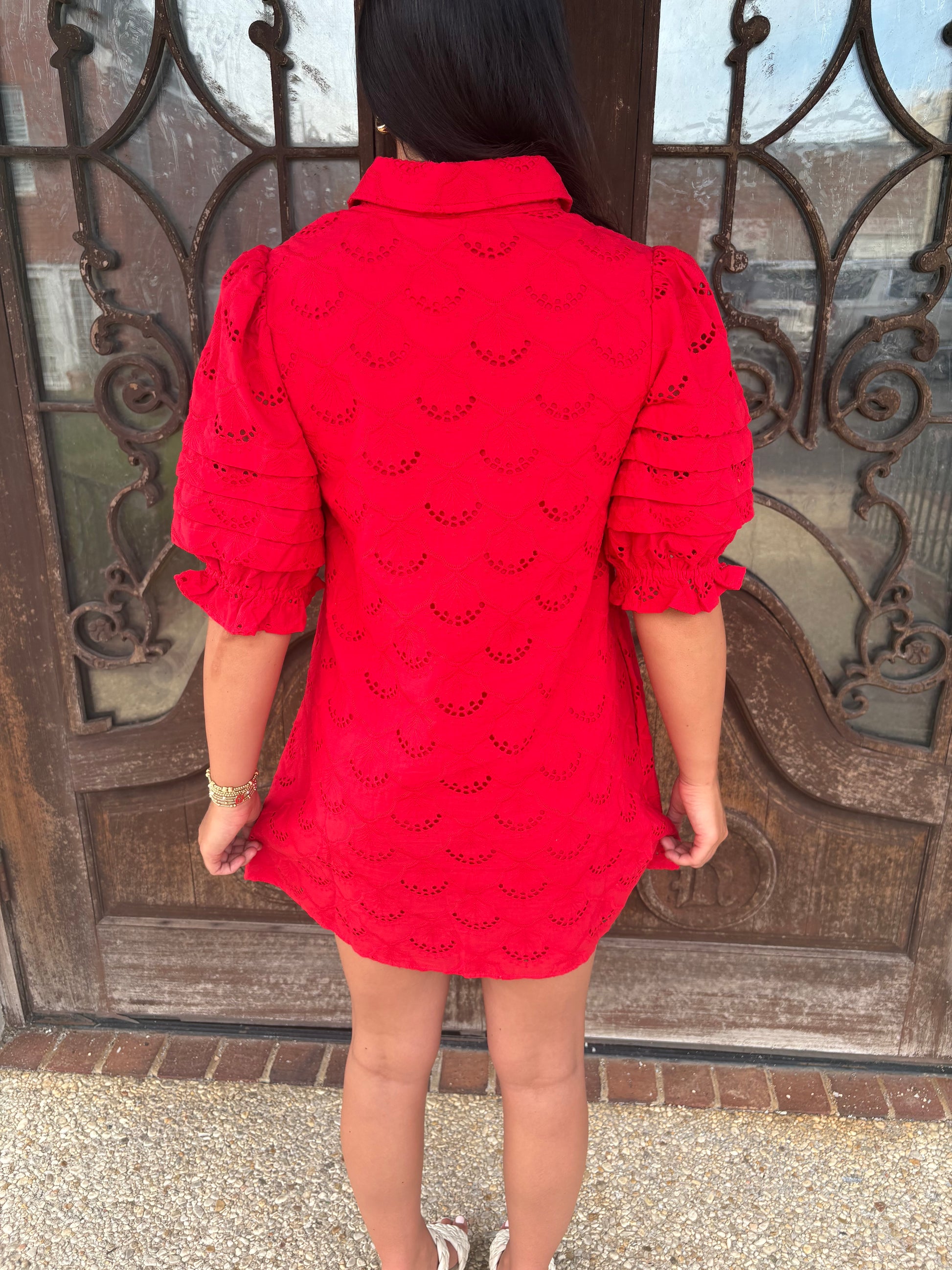 Red Eyelet Puffed Sleeve Dress