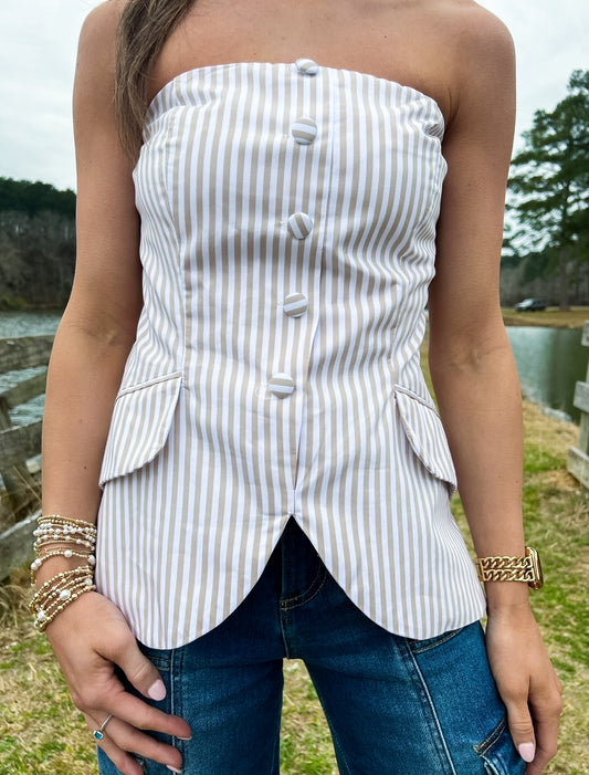 Khaki Stripe Strapless Top