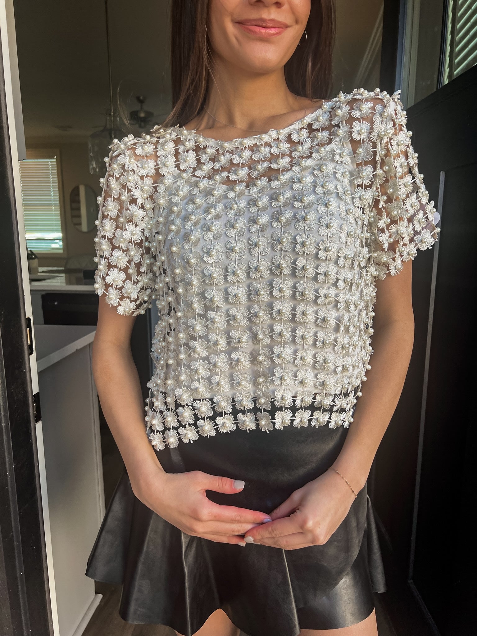 Crochet Lace Pearl Beaded Top