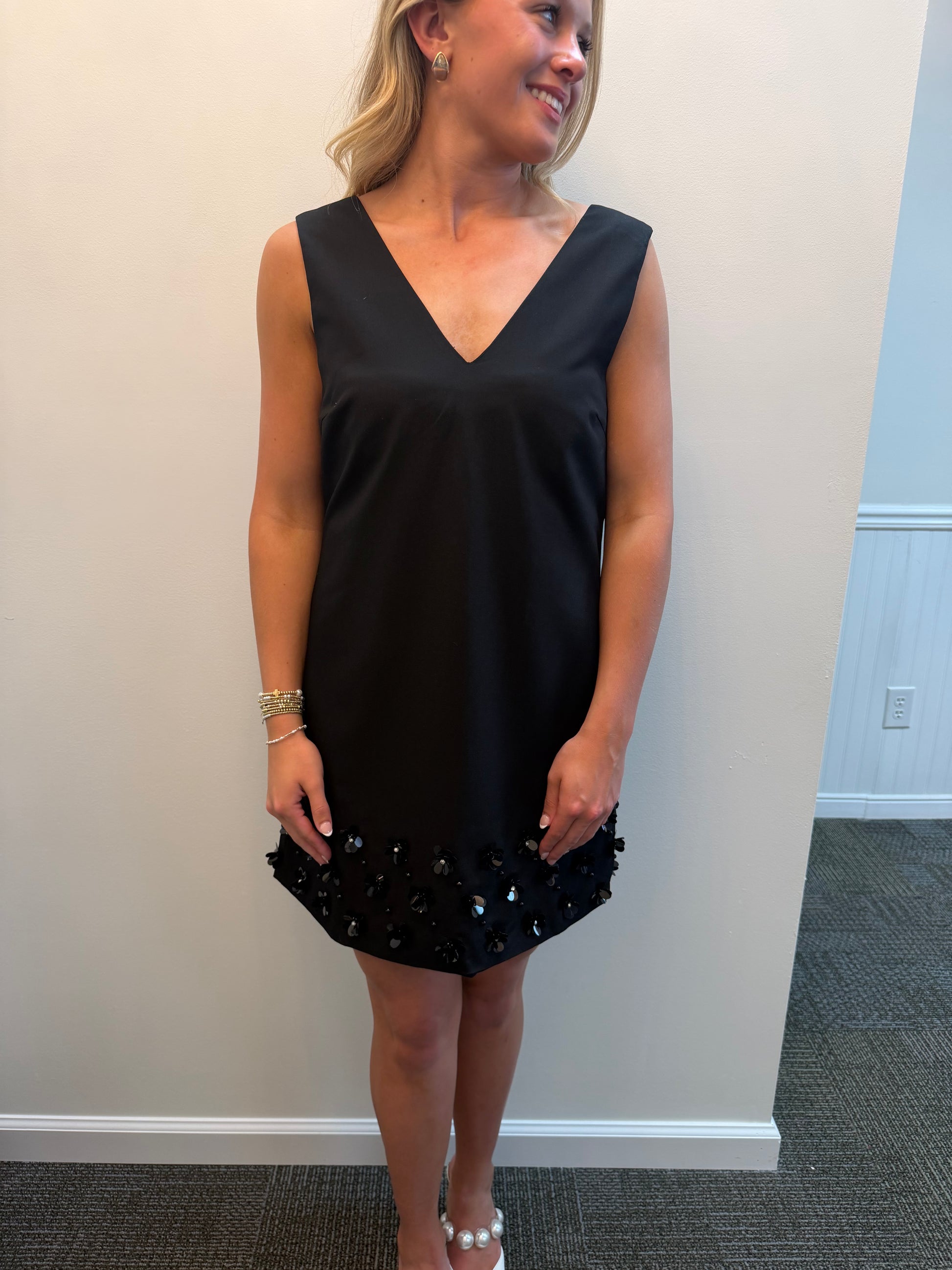 Beaded Flower Hem V Neck Mini Dress