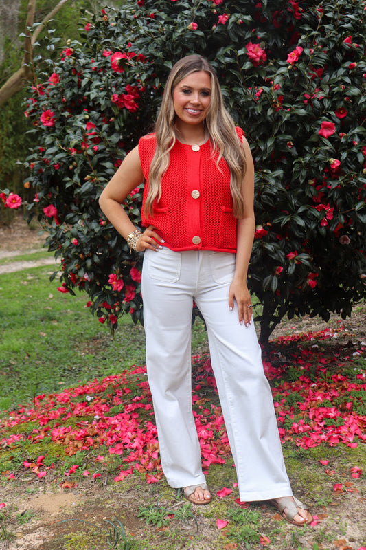 Gold Button Sweater Vest - Red