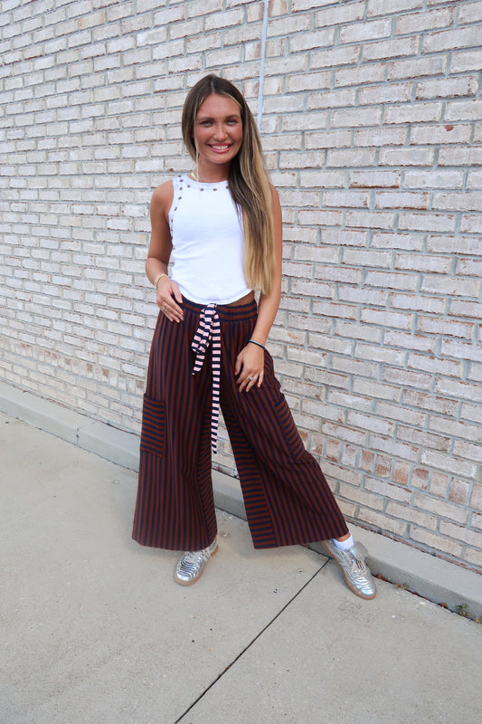 Striped Wide Leg Pants- Chestnut