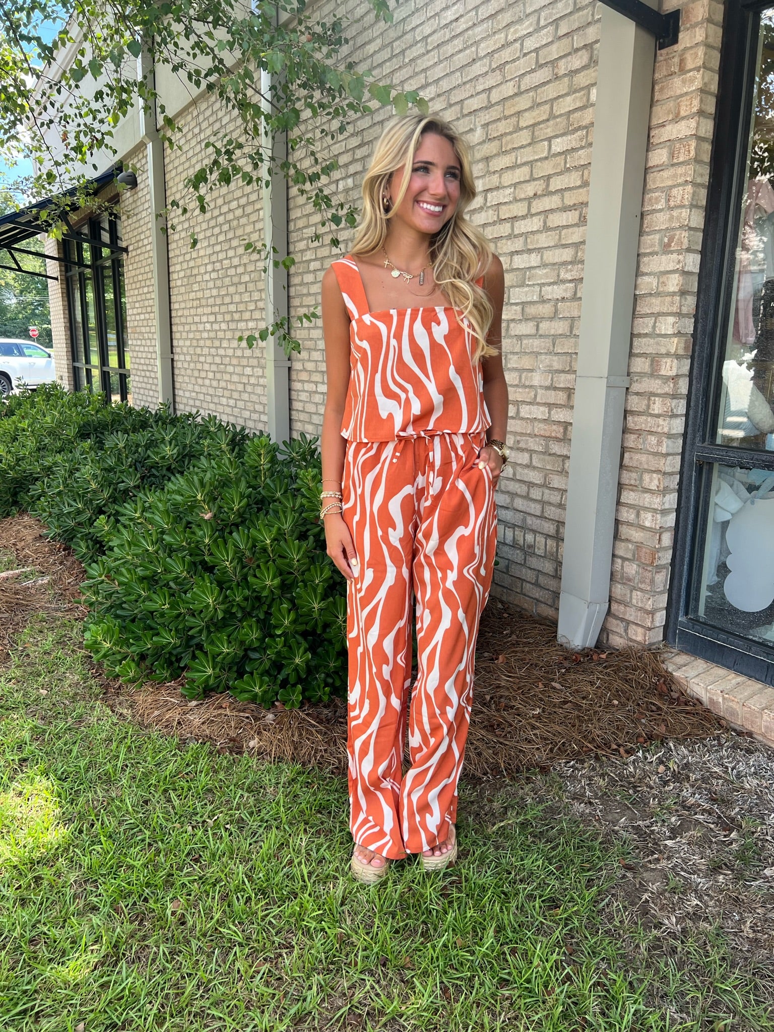 Orange and white tiger stripe pants