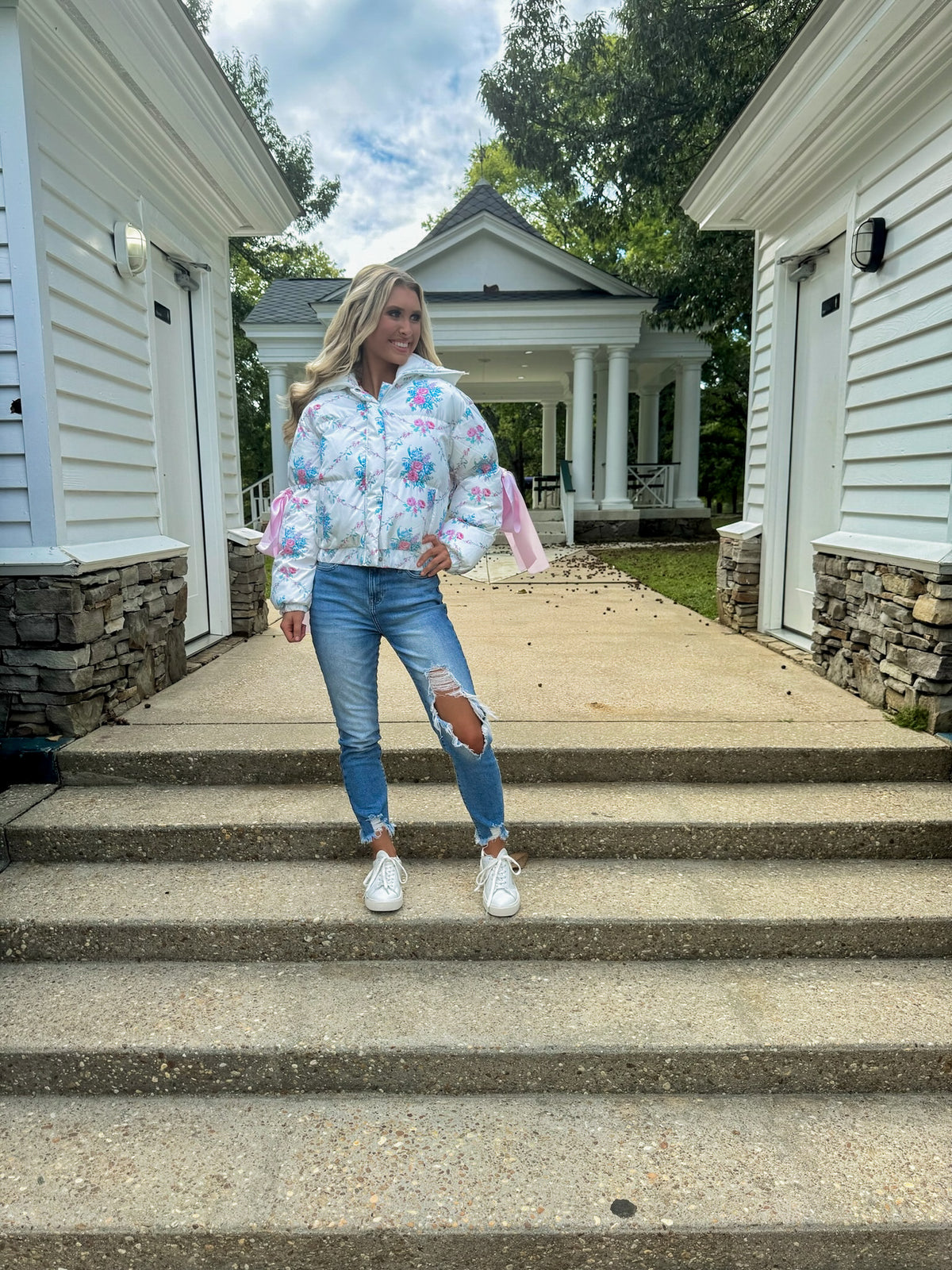 White Floral Puffer With Bow Ties