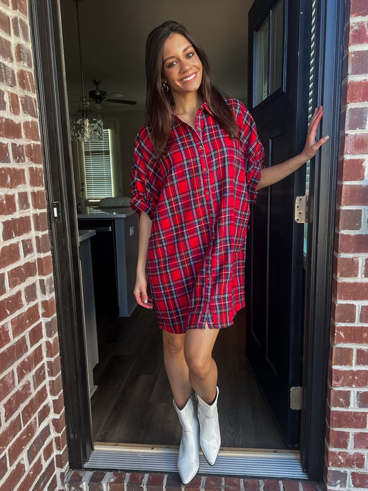 Red Plaid Shirt Dress