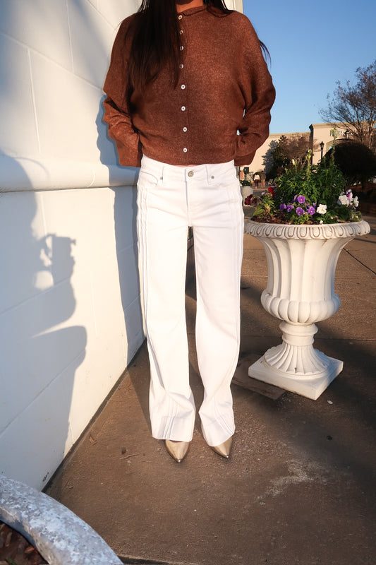 White Mid Rise Pintuck Flare Jeans