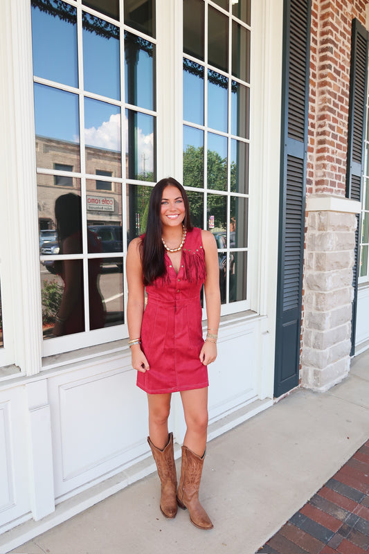 Faux Suede Fringe Western Dress- Burgundy