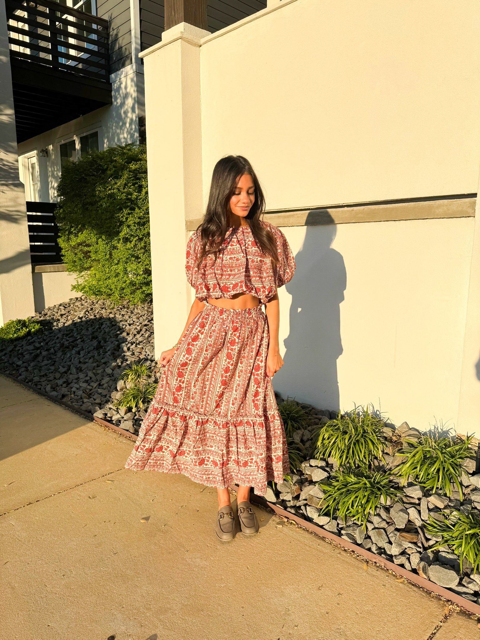 Red Striped Floral Skirt Set