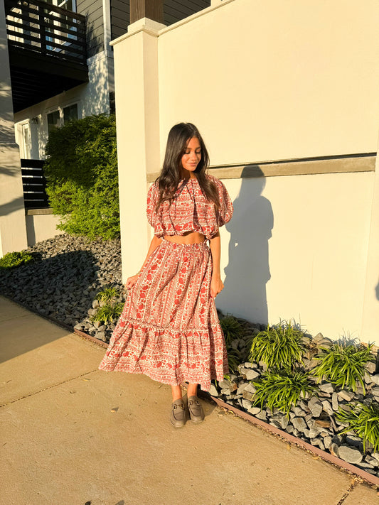 Red Striped Floral Skirt Set