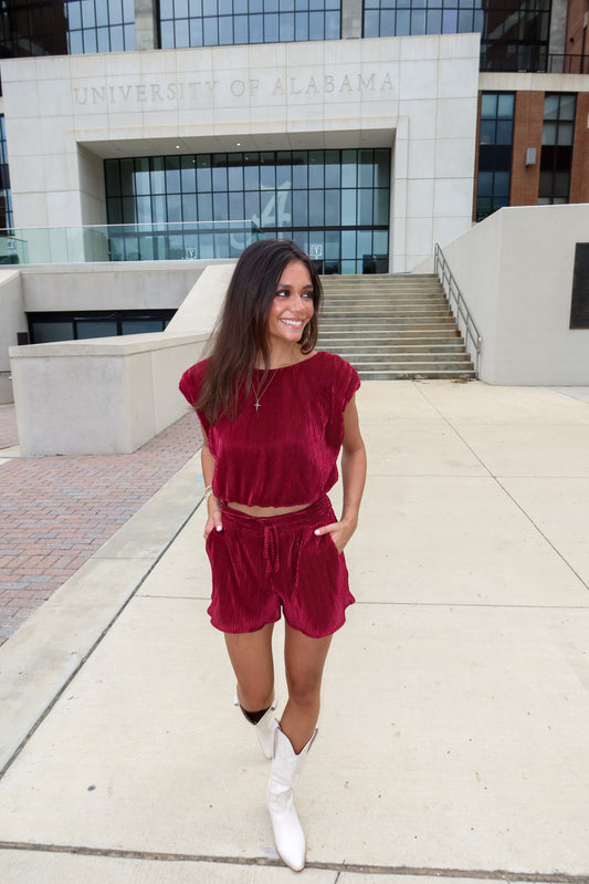 Pleated Shorts Set -Maroon