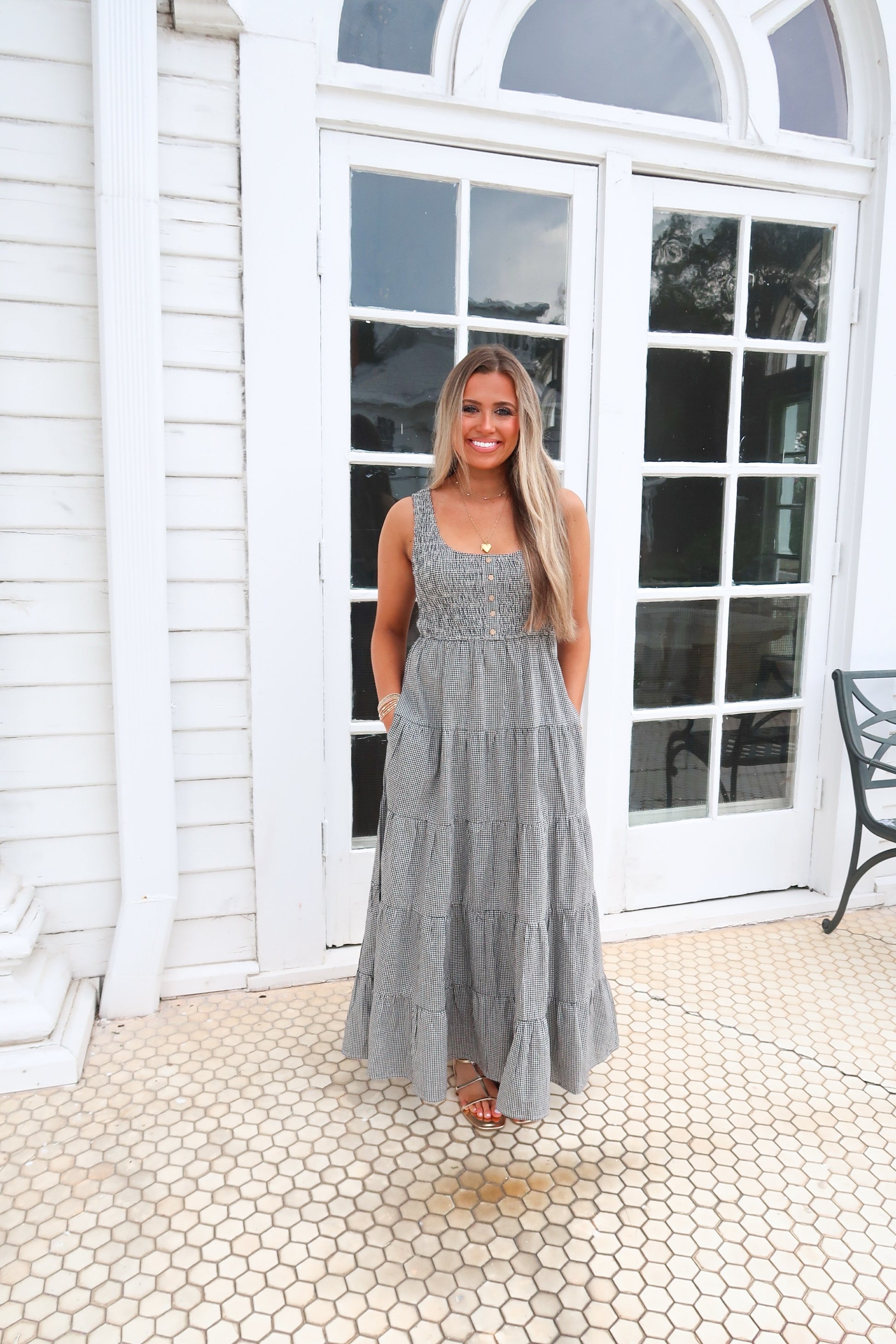 Gingham Tiered Midi Dress-BLK/WHT