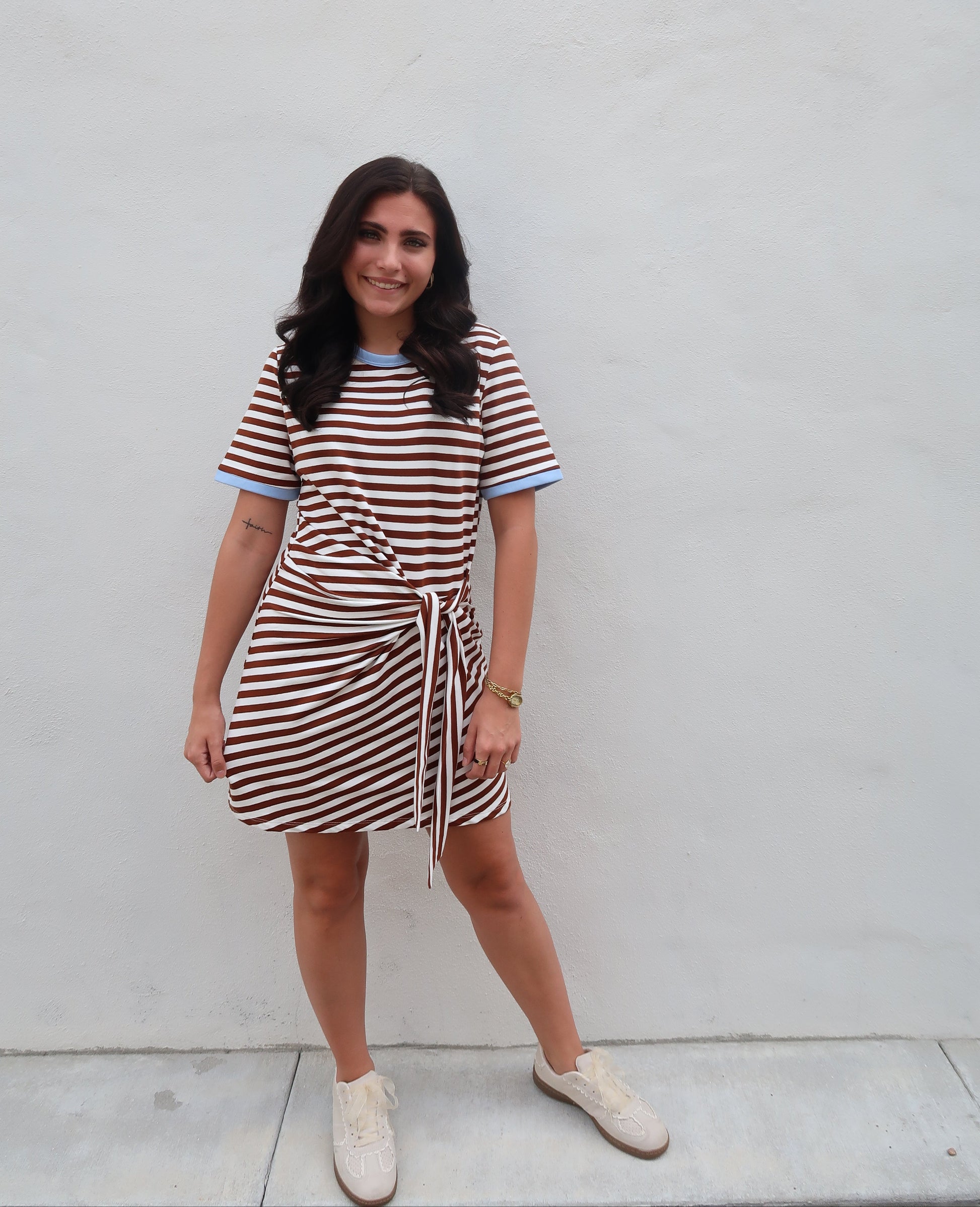 Andrea Striped Side Tie Dress- Chocolate