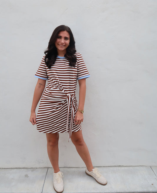 Andrea Striped Side Tie Dress- Chocolate