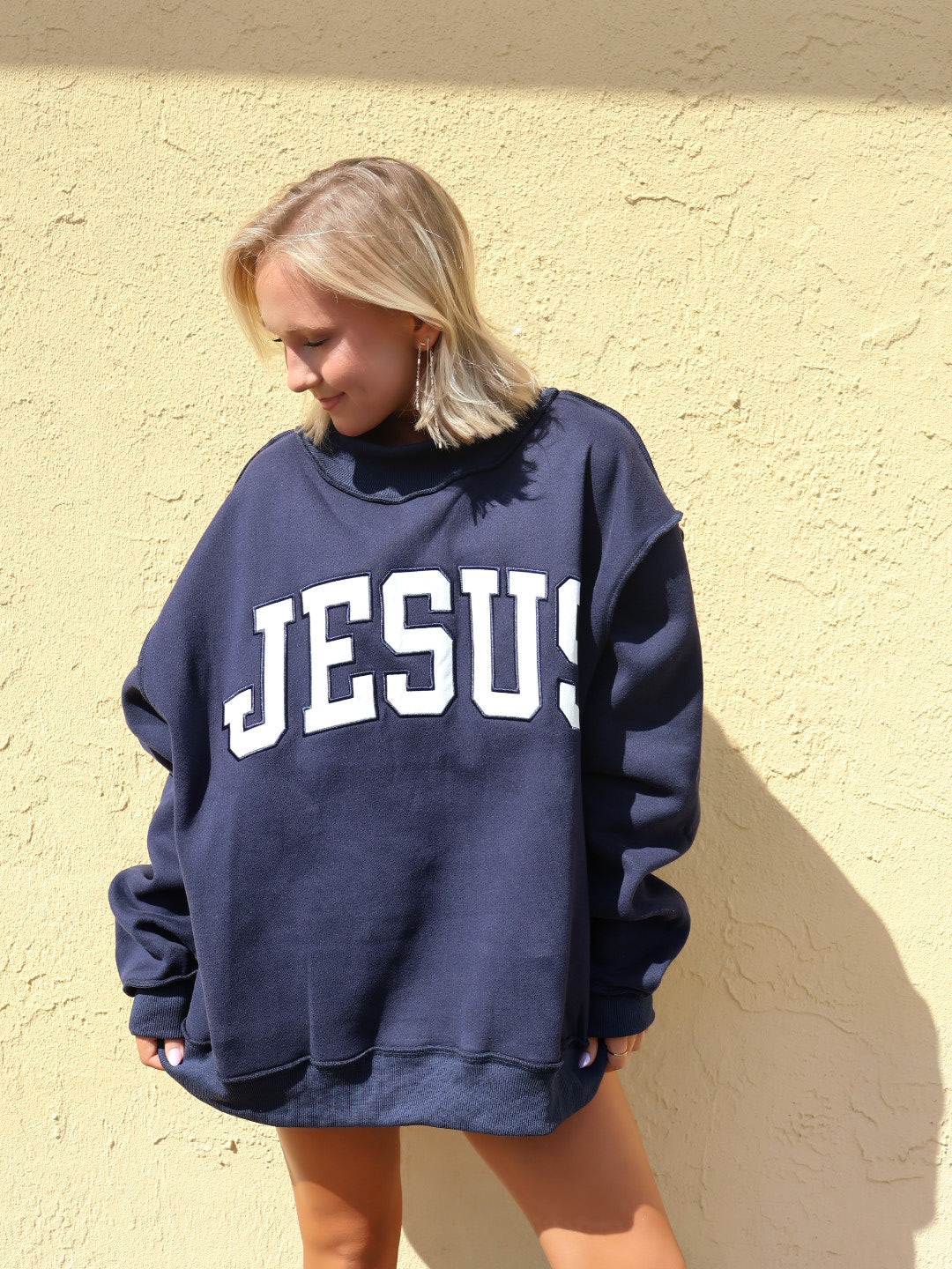 "JESUS" Embroidered Mock Neck Sweatshirt- Navy