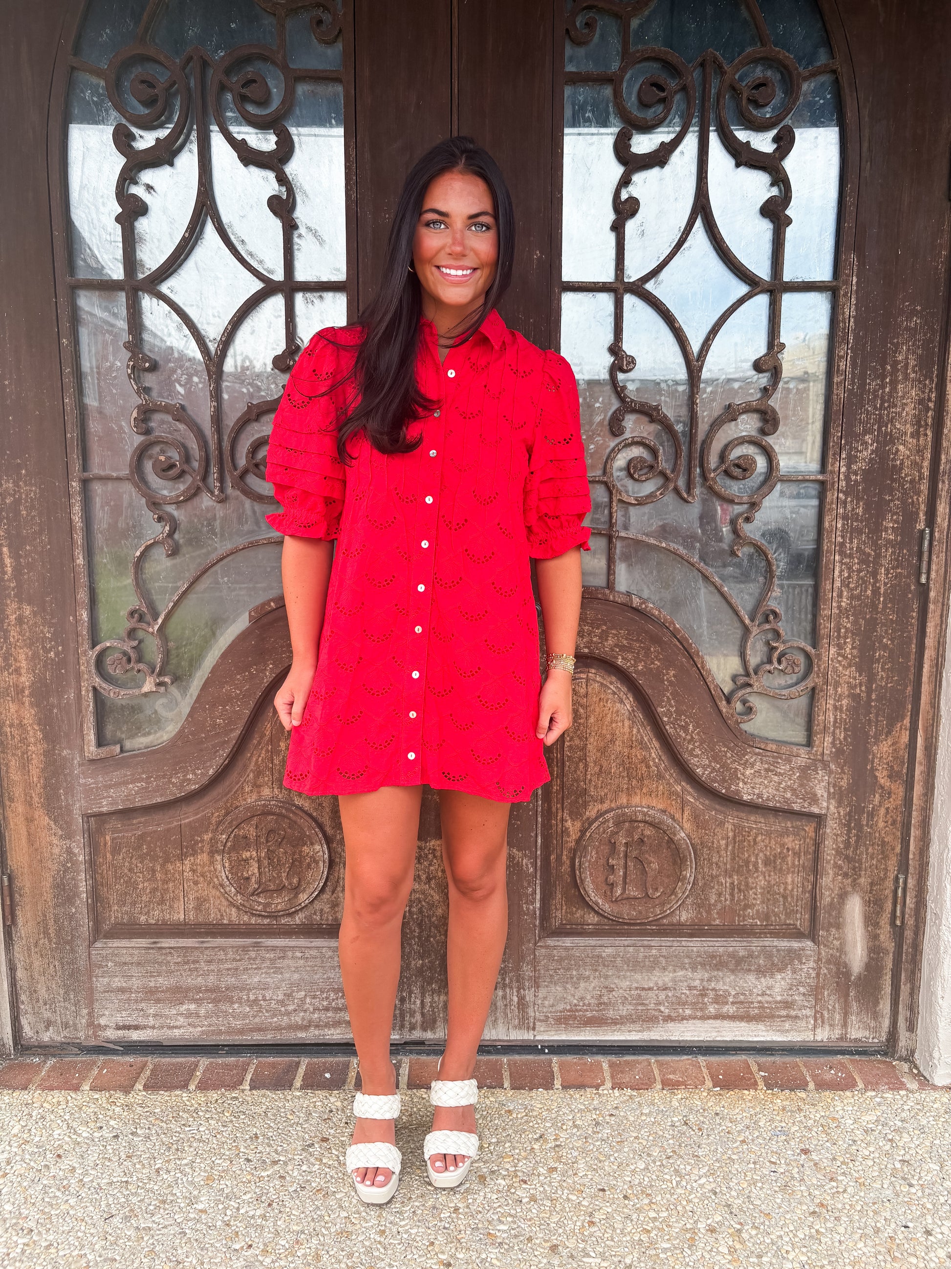 Red Eyelet Puffed Sleeve Dress Medium