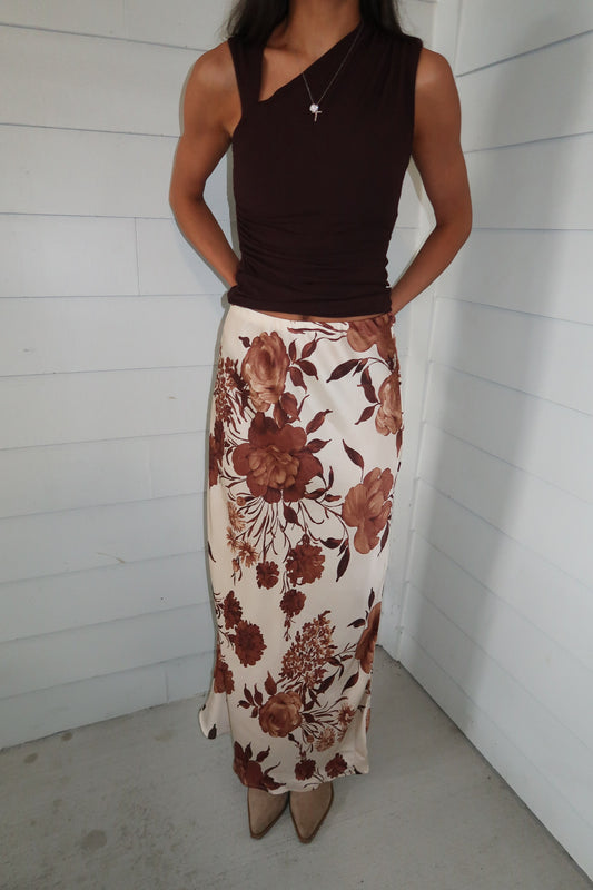 Cream/ Brown Floral Slip Skirt
