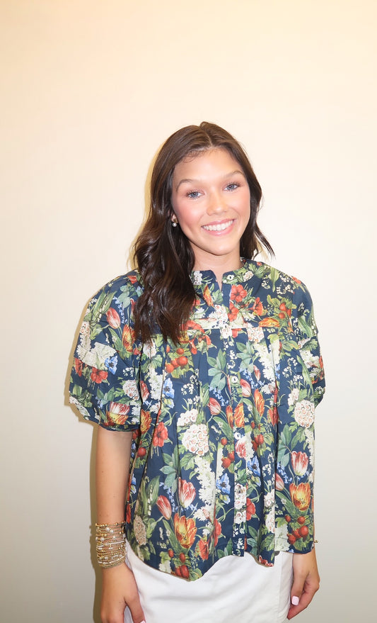 Hibiscus Floral Top- Navy