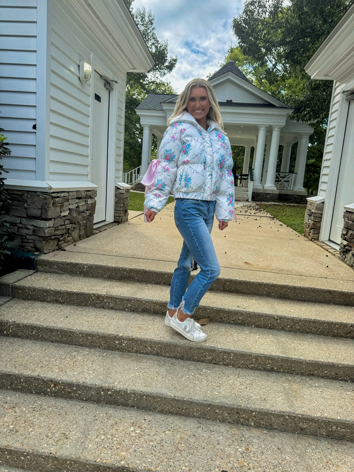 White Floral Puffer With Bow Ties