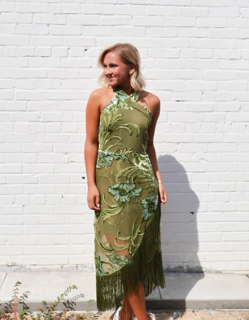 Gia Velvet Fringe Halter Maxi Dress