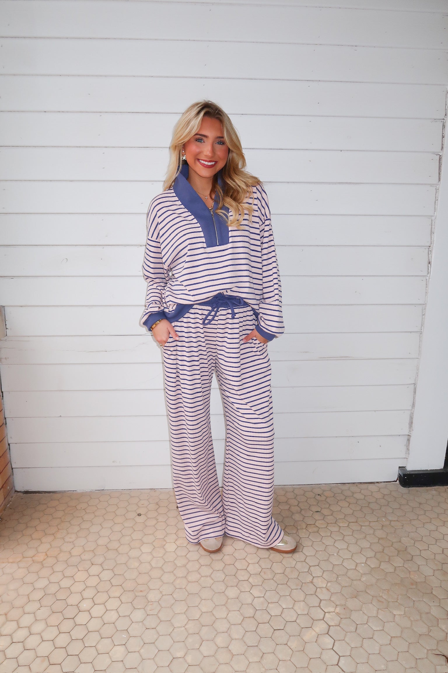 Half Zip Striped Pullover/Pants Set-Pink/Blue