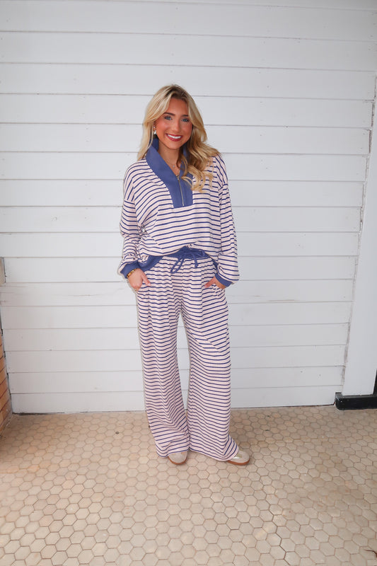 Half Zip Striped Pullover/Pants Set-Pink/Blue