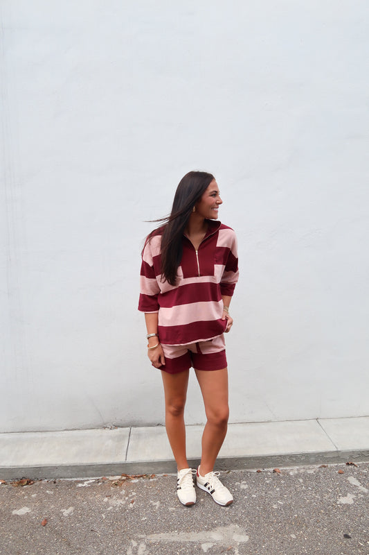 Burgundy/ Pink Striped Shorts Set
